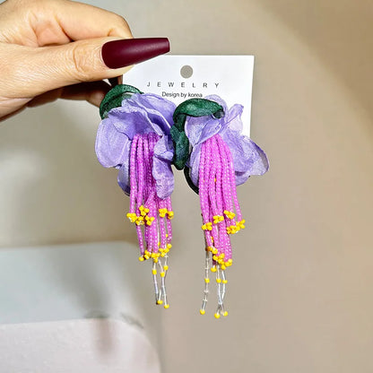 Bohemian Fabric Long Flower Earrings Big Statement Earrings Fringe Beads Drop Earrings Women Jewelry Handmade Vintage Earrings