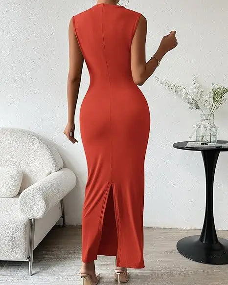 Women's Ruched Bodycon Dress Summer Casual Sleeveless Back Slit Elegant Club Evening Party Cocktail Maxi Dresses