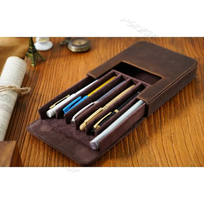 Crazy Horse Leather Pen Box Handmade Magnetic Drawer Style Student Pen Bag Storage Box Office Student Supplies