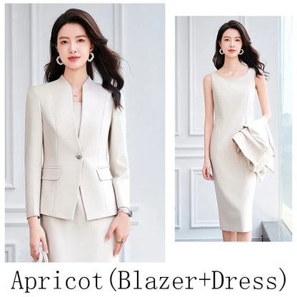 Office Suit Women Collarless Blazer + Vest Dress Set Executive Lady Workwear Elegant 2 Piece Set Long Sleeve Pink Suit Jacket