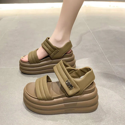 2025 Summer Women Chunky Sandals Leather High Platform Trainers Breathable Casual Slippers Shoes Woman 8.5CM Heels Wedge Sneaker