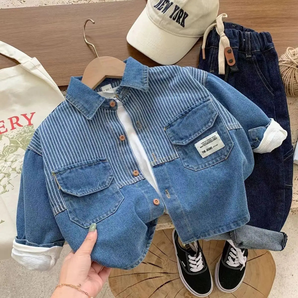 Children's Shirts 2025 Autumn New Boys' Striped Denim Shirt Baby Korean Version Fashionable Tops Jacket