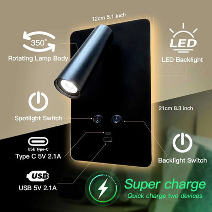 Indoor bedside wall lamp, with front and rear lighting modes, equipped with switch and USB C-type