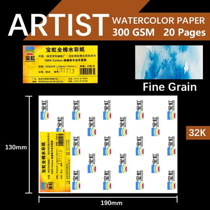 Baohong 20pcs 100% Cotton Artist Watercolor Drawing Paper 300gsm 32K 16K 8K Art Supplies Student School Supplies