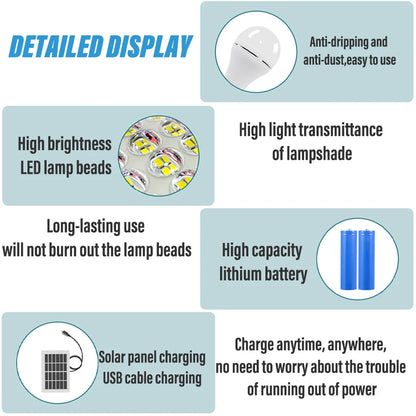 LED Solar Lamp Bulb Outdoor Waterproof Portable Solar Garden Hanging Light Hiking Fishing Emergency Lights
