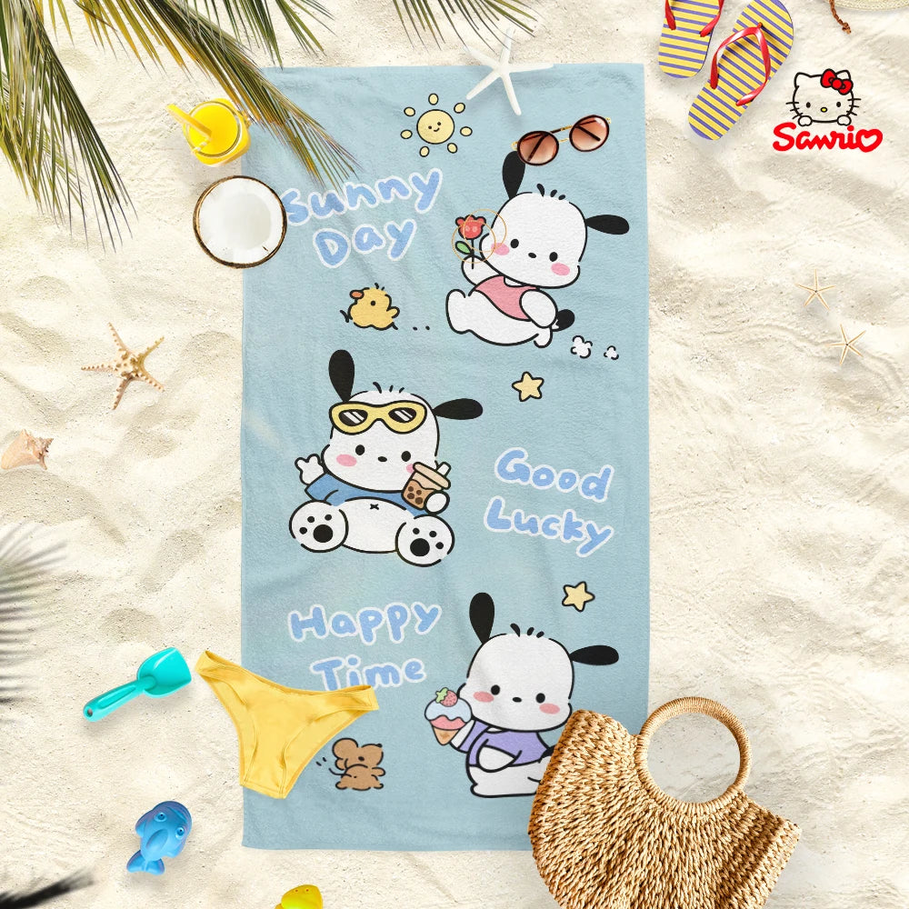 Adorable Cartoon-Printed Beach Towels: PomPomPuu, Pochacco, Cinnamo, and Kitty Designs! Suitable for towels, bath towels