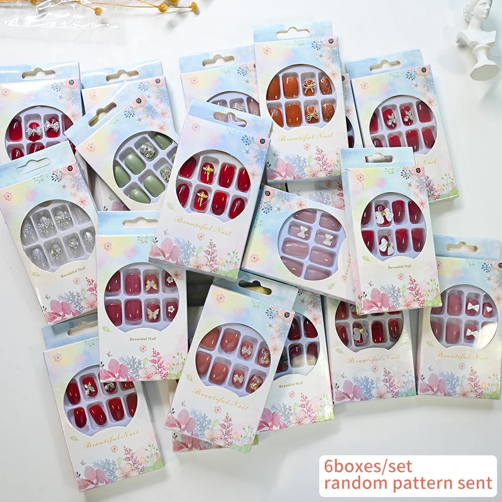 144pcs=6boxes Randomly Press On Nails Short Square Medium Almond Nail Kits 3D Rhinestone Flower Bowtie Reusable Press On Nails