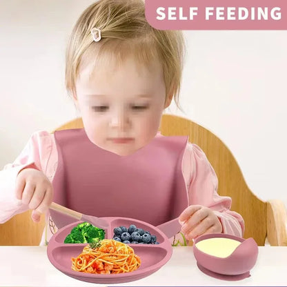 6Pcs Baby Silicone Feeding Set Self Feeding Bowl＆Divided Plate＆Adjustable Bib＆Soft Spoon&Fork, for Babies and Toddlers