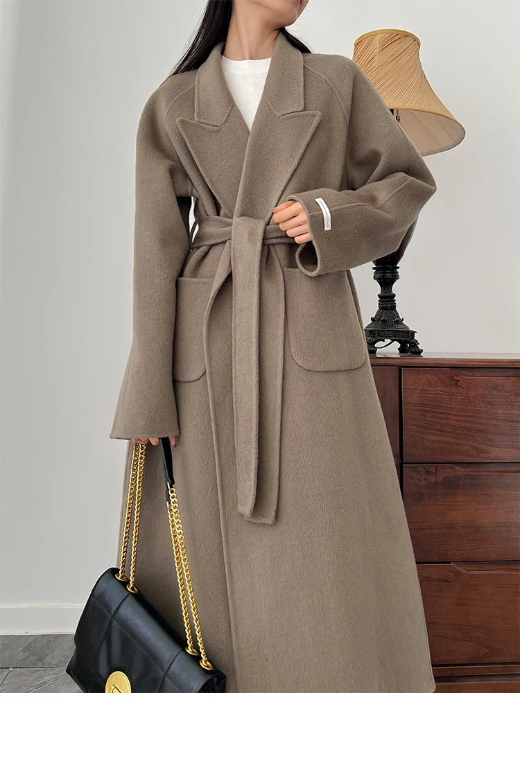 Office Lady Woolen Jackets 2024 Autumn And Winter Bathrobe Style Pocket Double-Sided Loose Lace -Up Tie Women's Long Wool Coats