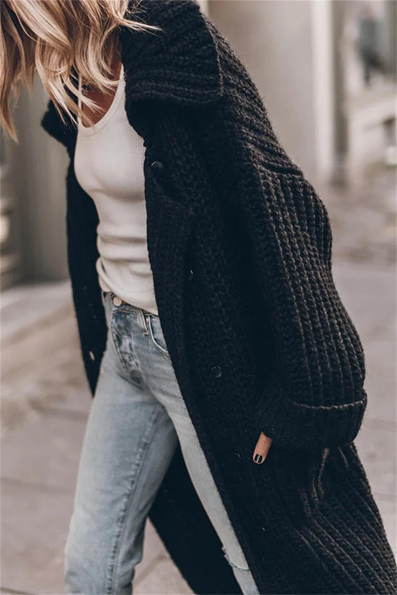 2024 Women's Autumn and Winter Maxi Cardigans Single Breasted Oversized Sweaters Solid Color Large Collar Boho Long Knitwear
