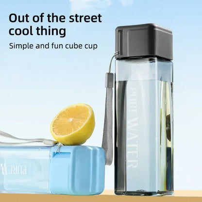 Portable Plastic Water Cup Square Bottle with Hand Strap Milk Cup Creative Frosted Portable Cup Student Sports Water Bottle