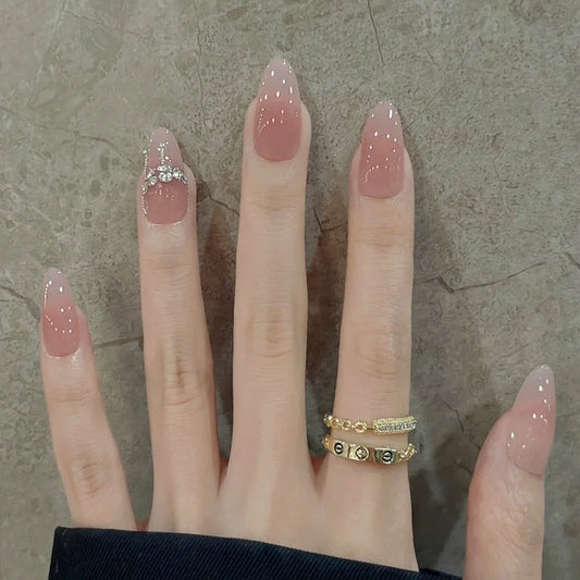 24Pcs Almond Pure Handmade Press On Nails Full Cover Butterfly French Pearl Diamond False Nails Wearable Manicure Nail Tips Art