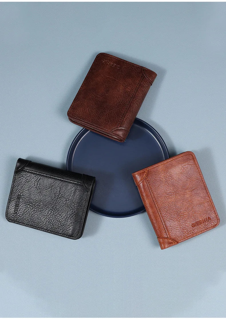 Men's Wallets RFID Blocking Genuine Leather Trifold Business Short Purse Wallet for Men with ID Window and Credit Card Holder