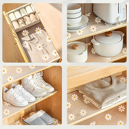 1 Roll Daisy Flower Drawer Shelf Liner for Cabinets Non-Adhesive Drawer Liner Non-Slip Refrigerator Liner Waterproof Fridge Pad