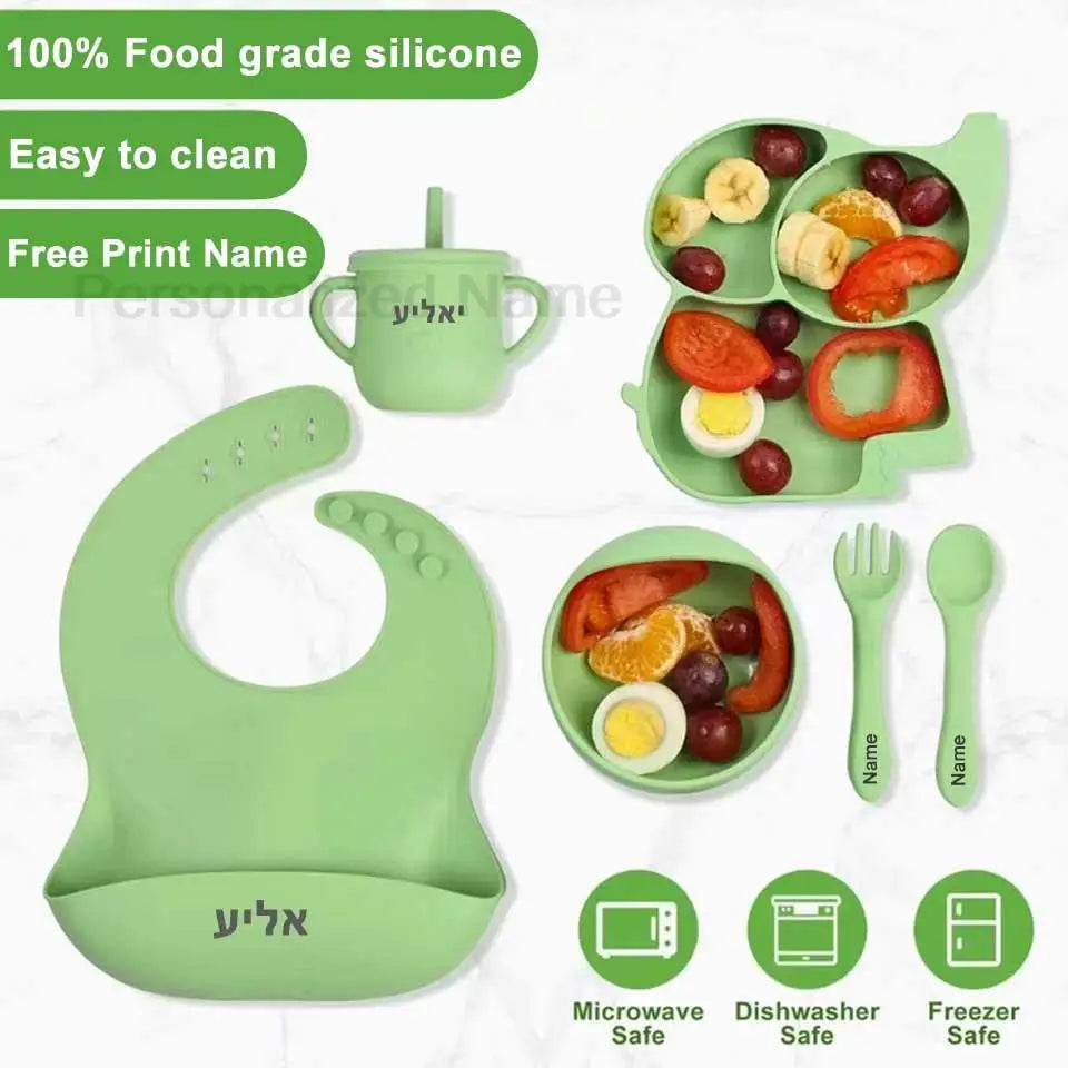 Silicone Baby Feeding Set Soft Silicone Sucker Plate Bowl Elephant Plate Personalized Name Feeding Bib Apron Children's Dishes