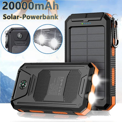 Solar Power Bank 20000mAh Charging Portable Charger Phone External Battery with SOS Flashlight 2-USB Outdoor Powerbank