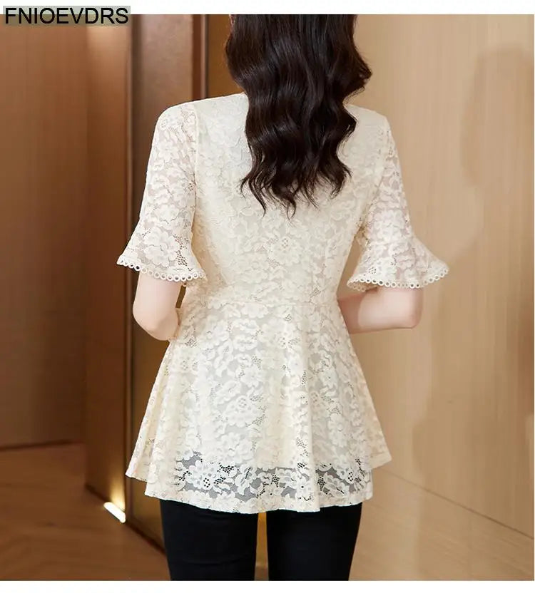 Office Shirts Basic Wear New Design 2025 Women Elegant Fashion Work Lady Bling Beaded Flare Sleeve Lace Tops Blouses