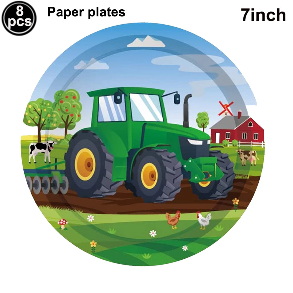 Green Farm Tractor Tableware Napkins Tablecloth Farm Tractor Theme Birthday Decor Birthday Banner Balloon Caketopper