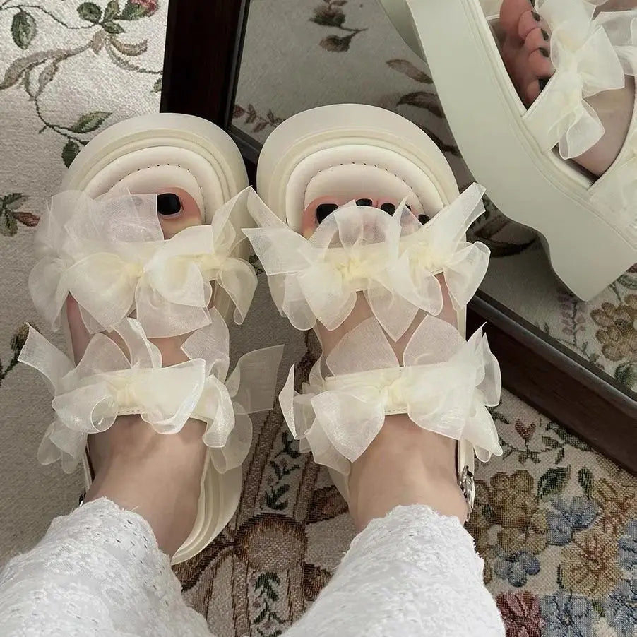 Women's Layered Bow Platform Sandals - Thick Cushioned Sole with Adjustable Ankle Buckle for Summer Casual Wear
