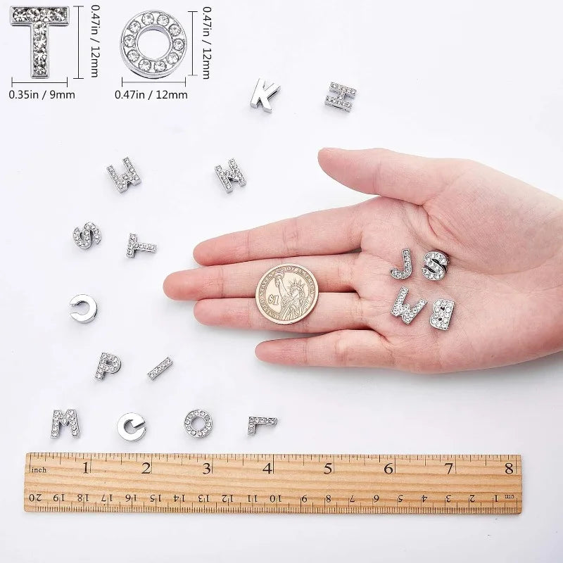 52Pcs Alphabet A-Z Letter Slide Charm Rhinestone Beads 8mm Hole Slide Alphabet Letters for 8mm Slide Wristbands/Bracelets,