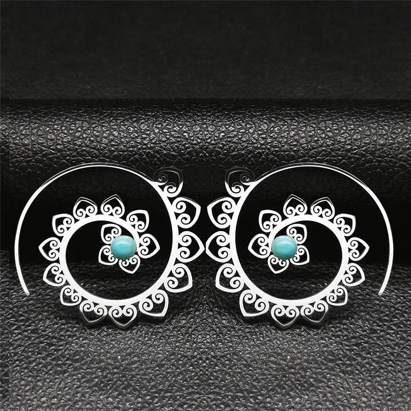 Vintage Ethnic Indian Carved Mandala Flower Dangle Earrings Stainless Steel Stone Boho Hollow Earring Jewelry pendientes flor