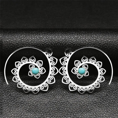 Vintage Ethnic Indian Carved Mandala Flower Dangle Earrings Stainless Steel Stone Boho Hollow Earring Jewelry pendientes flor