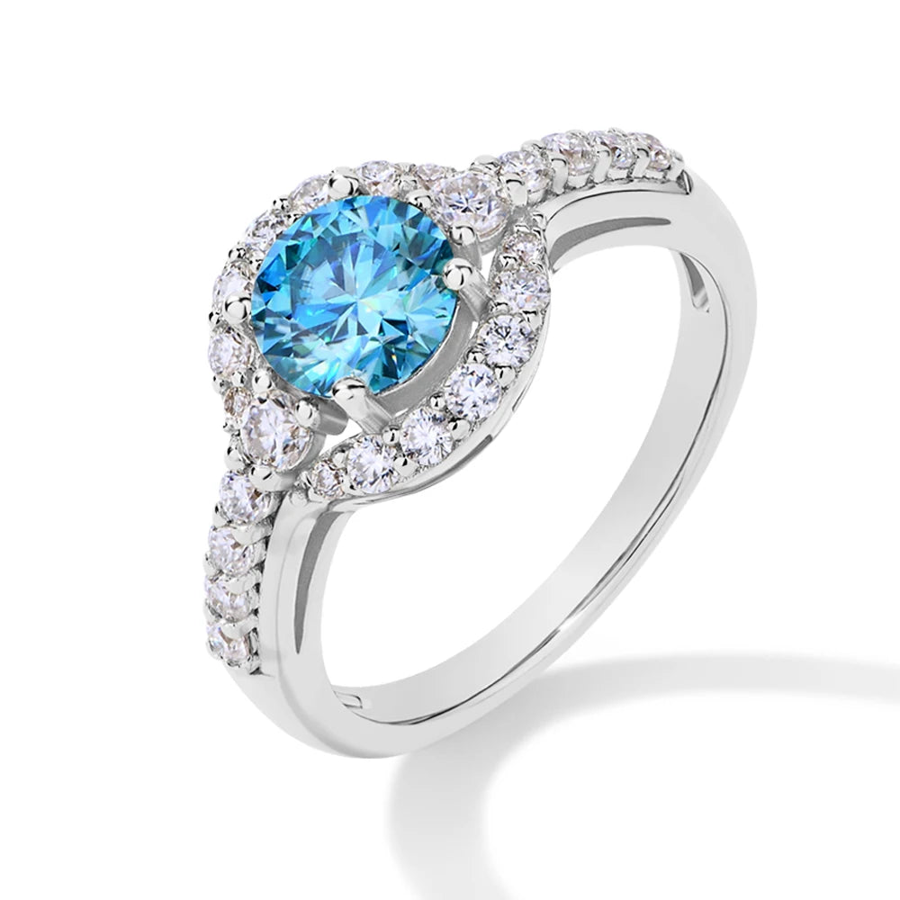 MINTYBOX 1.0ct Color Blue Moissanite Ring S925 Silver D VVS1 Lab Grown Diamond Halo Engagement Rings For Women Wedding Jewelry