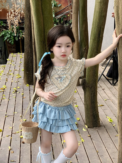 Baby Set 2025 Short Sleeved T-shirts New Summer Floral Top for Girls Solid Cake Skirt Two-piece Set