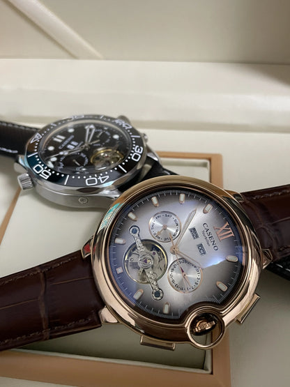 CASENO Fashion Trend Men's Blue Light Glass Night Light Scale Multi functional Fully Automatic Tourbillon Mechanical Watch 831BG