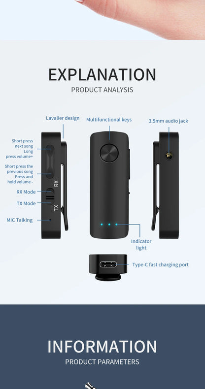 2-In-1 Wireless Audio Adapter Bluetooth 5.4 Receiver Transmitter 3.5mm AUX Lossless Sound MIC For Car Speaker TV PC Airplane