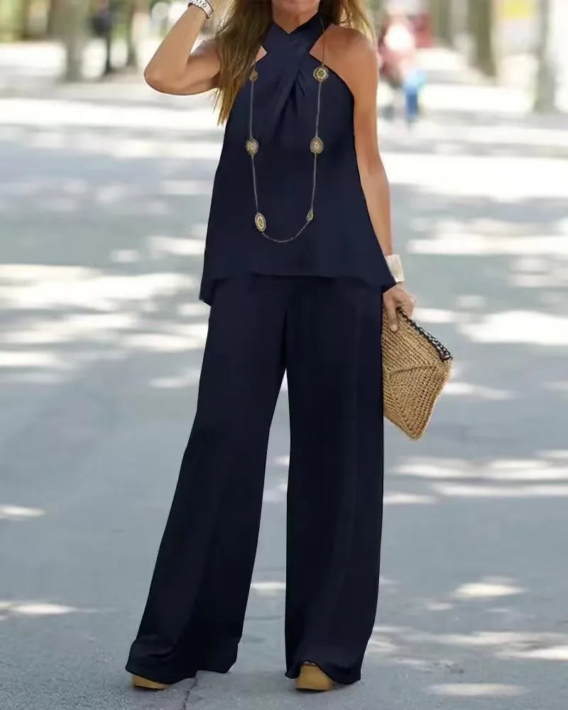Women's Clothing 2025 New Fashion Casual Halter Neck Solid Color Sleeveless Suit Wide Leg Pants Trousers Two-piece Suit