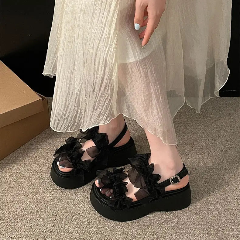 Women's Layered Bow Platform Sandals - Thick Cushioned Sole with Adjustable Ankle Buckle for Summer Casual Wear