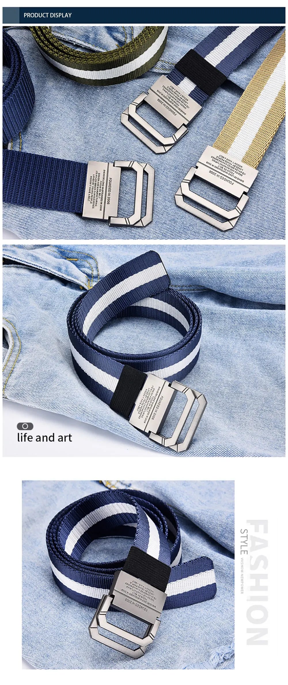 Men's Belt Trend Double Loop Buckle Canvas Belt Women's Belt with Cargo Pants Jeans Belt Outdoor Sports Belt No Perforated Belt