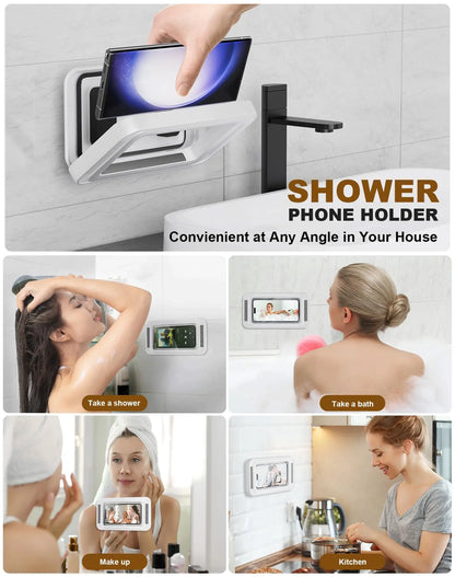 Shower Phone Holder with Speaker  480 Rotation, Wall Phone Mount for Shower Waterproof Anti Fog Shower Case for 4-7" Phones