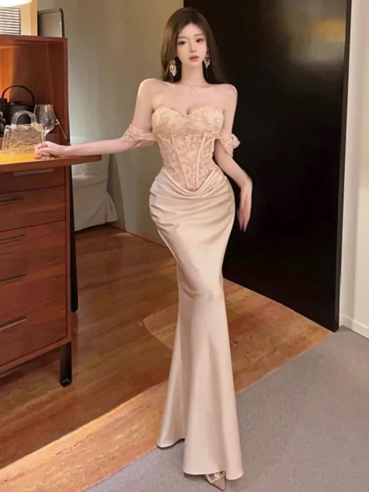 Ezgaga Women Dresses Strapless Lace Patchwork Elegant Slim Backless Temperament Slim Sexy Ladies Mermaid Dress Party Cocktail