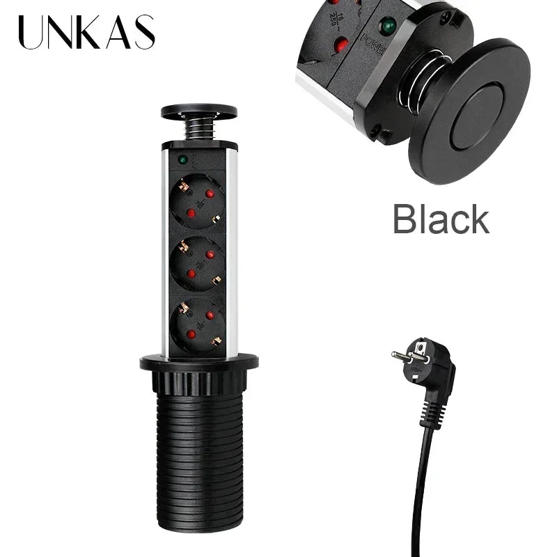 16A PULL POP UP 3 Power EU Socket New Black Color Port Kitchen Table Desktop Sockets Retractable Countertops French Plug