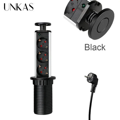 16A PULL POP UP 3 Power EU Socket New Black Color Port Kitchen Table Desktop Sockets Retractable Countertops French Plug