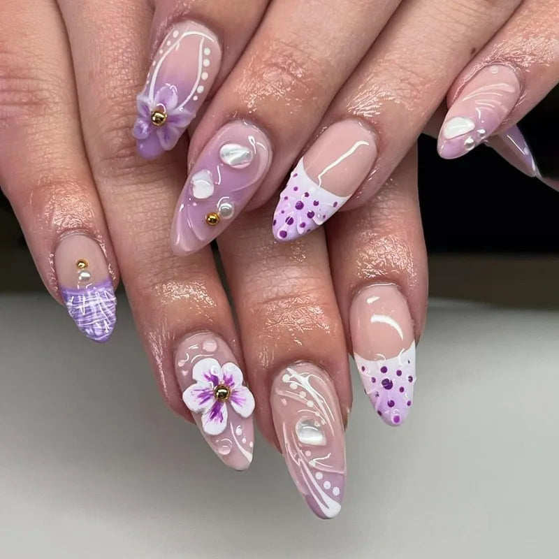 24Pcs Gradual Brown French Press on Nails 3D Mid-length Flowers Full Cover Almond Purple Nails with Colored Drawing Design Nail