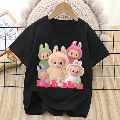 Labubu T-shirt for Children Cute Cartoon Anime Tee Top Black Short Sleeve Round Collar Clothes Fashion Kids Summer Clothing Gift