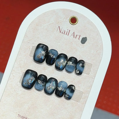 10Pcs Black Handmade Press on Nails Full Cover Stars Design Gold Foil Shiny Short Round False Nails Wearable Manicure Nail Tips