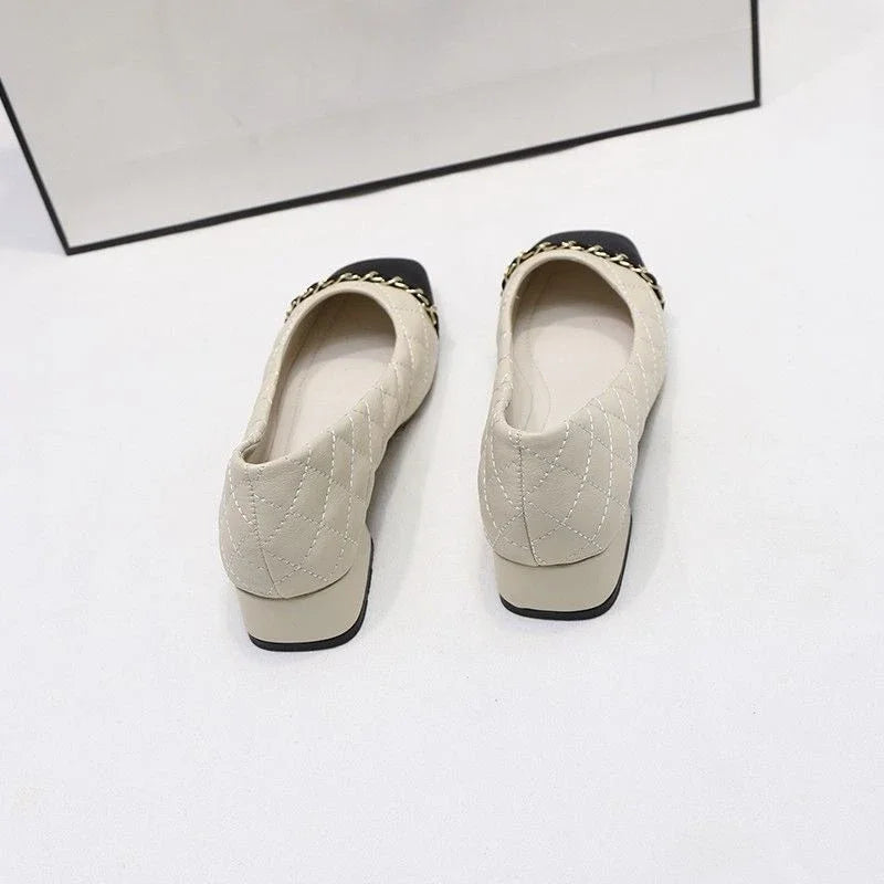 Office Woman Footwear Beige Fashion Leather Casual Shoes For Women Block Heel Square Toe Low Elegant Popular Vacation Spring Y2k