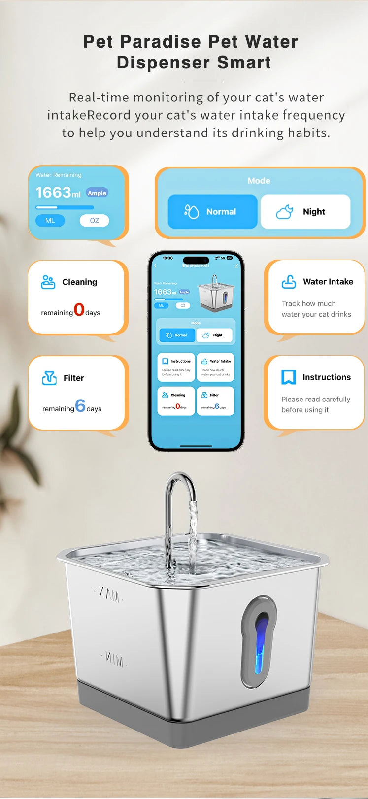 4.0L Stainless Steel Water Fountain For Cat With App Control Smart Automatic Intelligent Pets Water Dispenser Cats Dogs Products