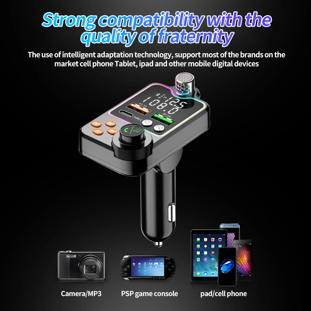 Bluetooth 5.0 Car FM Transmitter Dual USB Car Charger PD Type-C Fast Charging Wireless Handsfree Call Audio Receiver MP3 Player