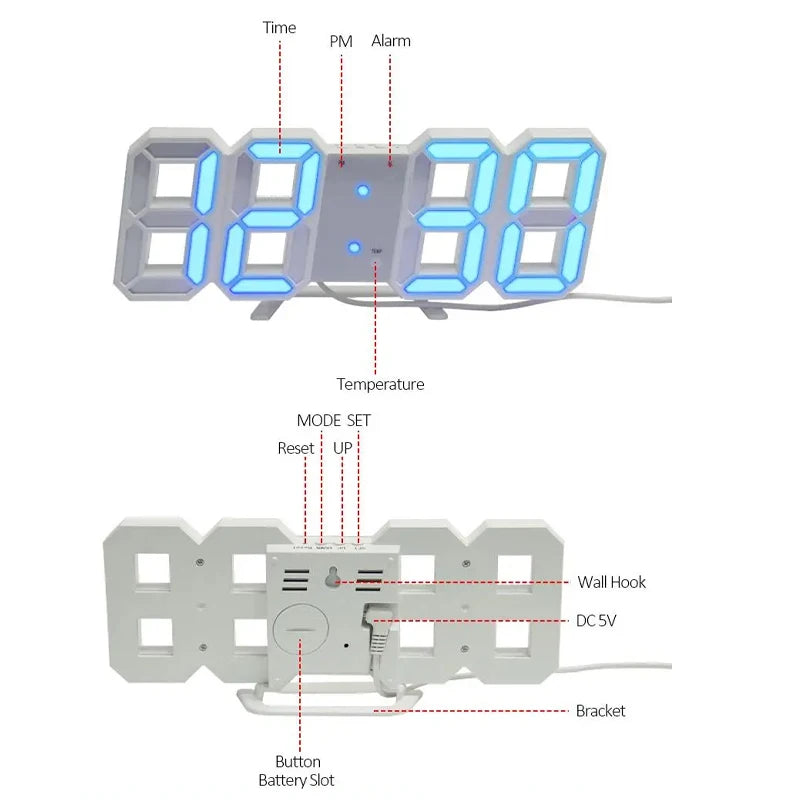 3D digital alarm clock desktop clock wall-mounted living room electronic clock home bedroom ornament clock table clock