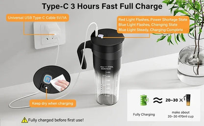 Portable Fruit Juicer 6 sharp Blades Rechargeable Personal Multifunctional Handheld Mini Blender Cup for Shakes and Smoothies