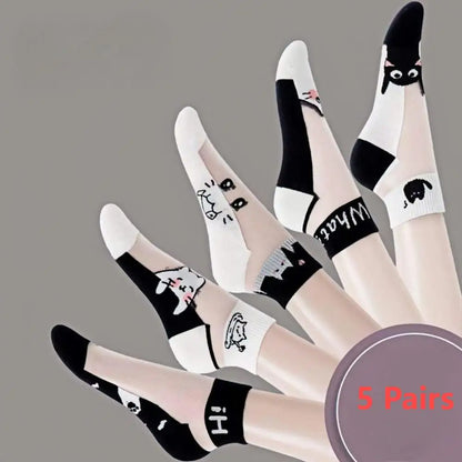5Pairs Black and white cat women's socks, glass fiber breathable sweat absorbing , wear-resistant and odor proof summer socks