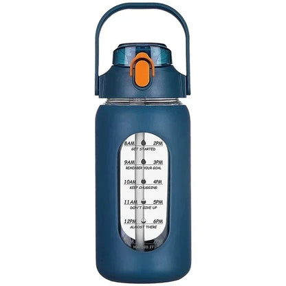 1000ML Glass Water Bottles with Straw, Glass Bottle with Silicone Sleeve and Time Marker, for Gym Camping Home Office