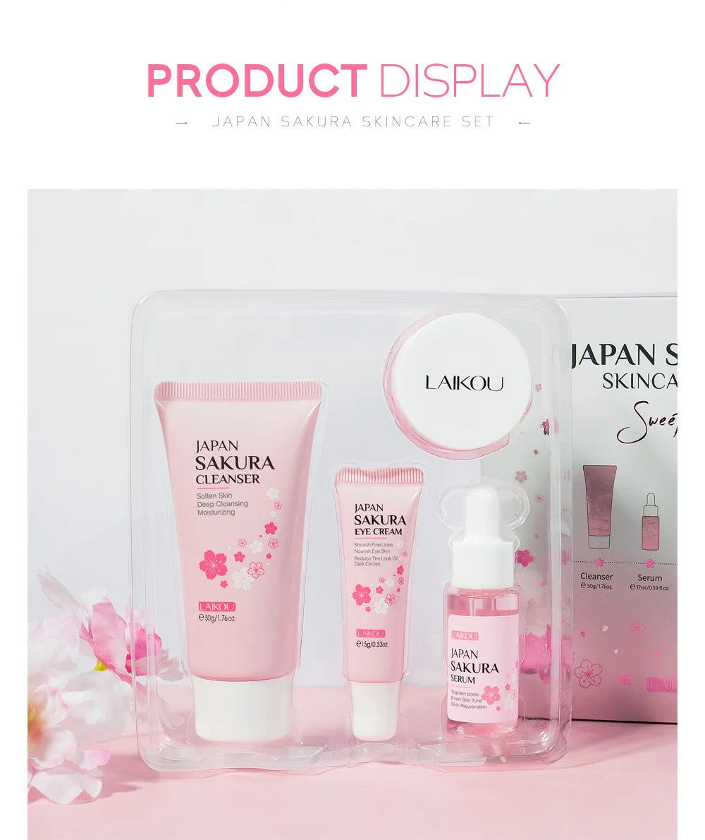 LAIKOU Sakura Skin Care Set Facial Cleanser Face Cream Essence Facial  Eye Cream Skincare Product 4pcs Kit
