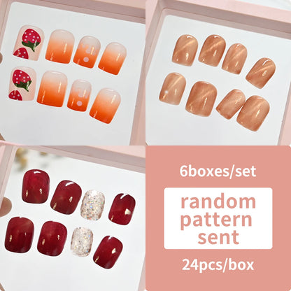 144pcs=6boxes Randomly Press On Nails Short Square Medium Almond Nail Kits 3D Rhinestone Flower Bowtie Reusable Press On Nails