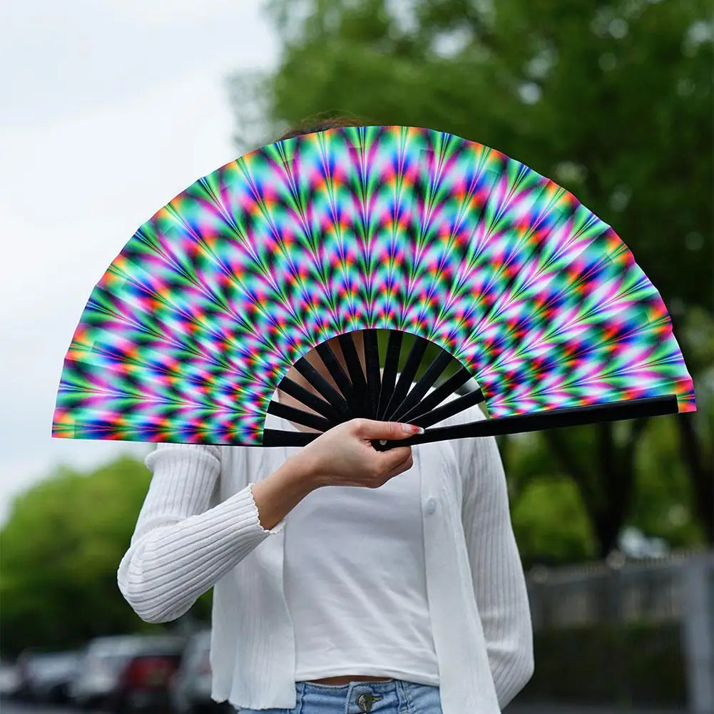 33cm Large Folding Hand Rave Fan Chinease/Japanese Gifts Fan Dance Music Colorful Fan Festival Fan Gradient Reflective Fold